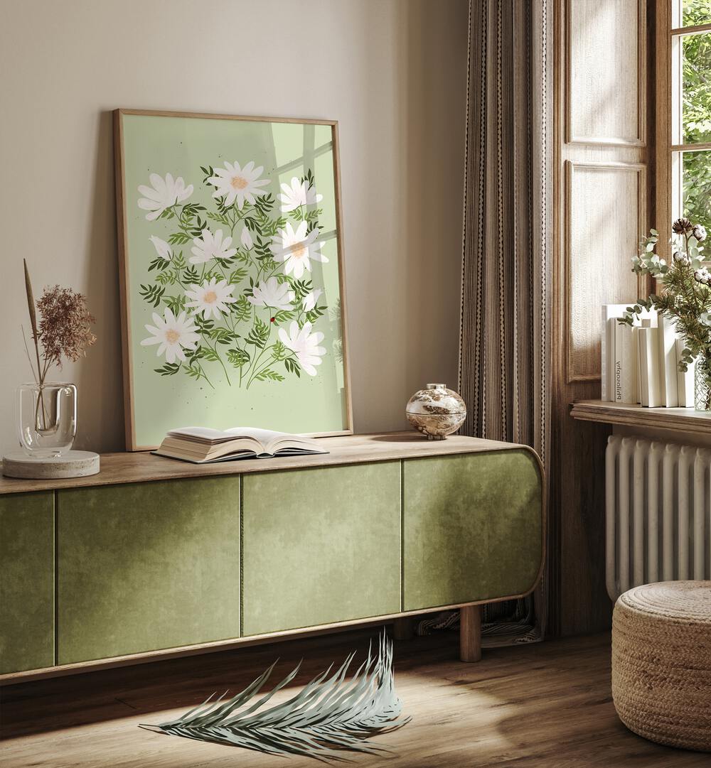 Bright and cheerful LADYBUG FLOWERS, FLORAL FLOWER PAINTINGS enhance the cozy interior decor of a modern living space.
