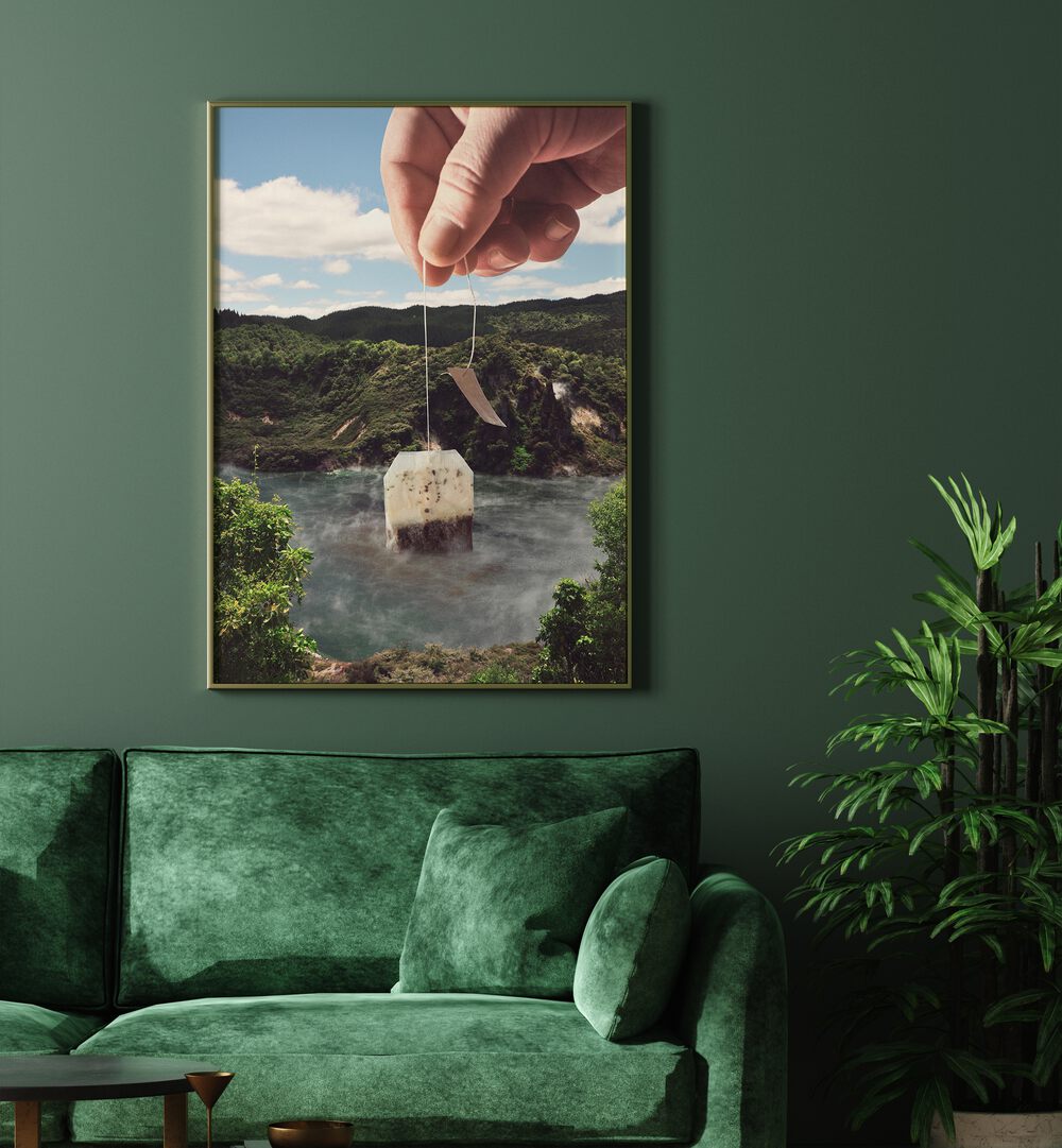 Lake Afternoon Tea-teabag Surreal Art Painting Artwork 
in white plain frame behind a green sofa for living room.