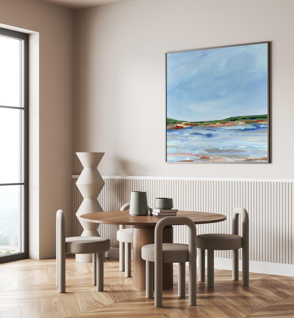Vibrant LAKE SIDE, LANDSCAPE PAINTINGS adorn a cozy dining area, enhancing the natural beauty of your space.