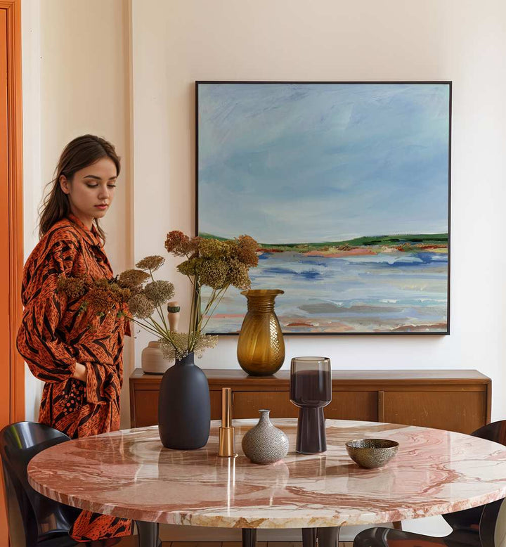Stylish interior featuring LAKE SIDE, LANDSCAPE PAINTINGS, enhancing nature-inspired home decor.
