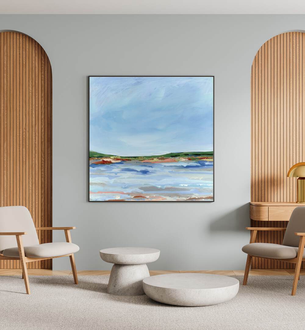 Vibrant LAKE SIDE, LANDSCAPE PAINTINGS adorn a stylish room, enhancing your nature-inspired decor beautifully.