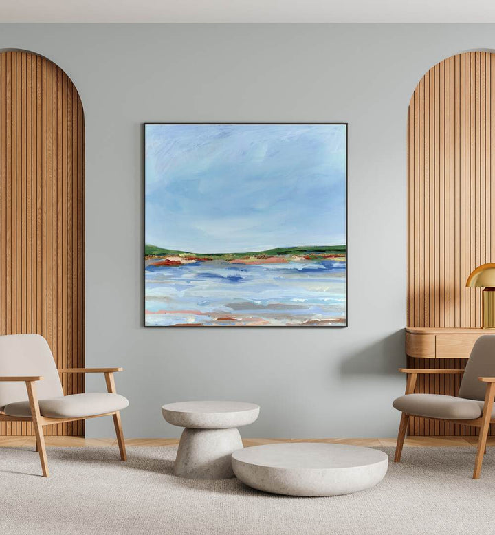 Vibrant LAKE SIDE, LANDSCAPE PAINTINGS adorn a stylish room, enhancing your nature-inspired decor beautifully.