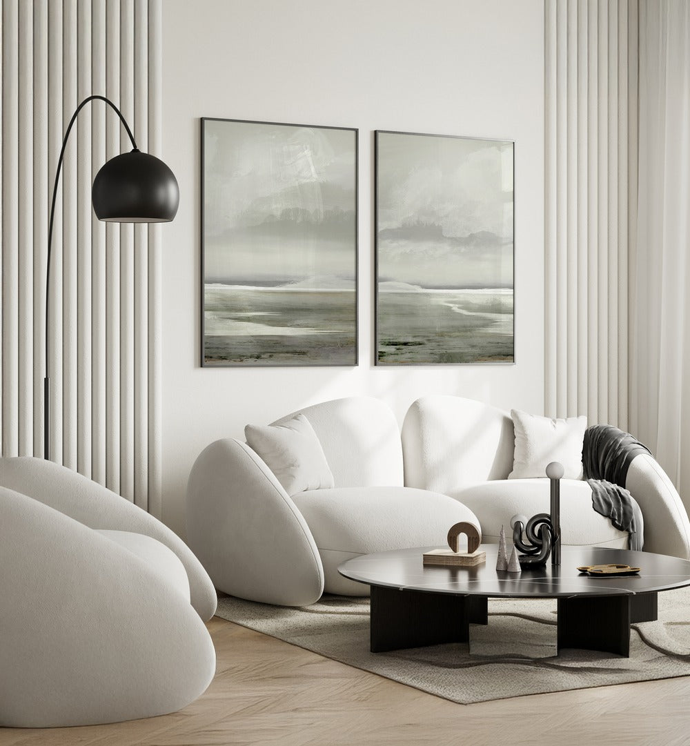 Enhance your home decor with the LAKES SET, SET OF 2 PAINTINGS, featuring tranquil misty lake landscapes.