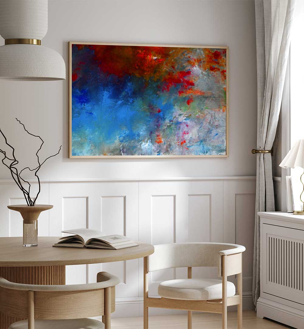 Vibrant LANDSCAPE DESIGN III, ABSTRACT PAINTINGS adorn a modern room, enhancing the aesthetic with stunning colors.