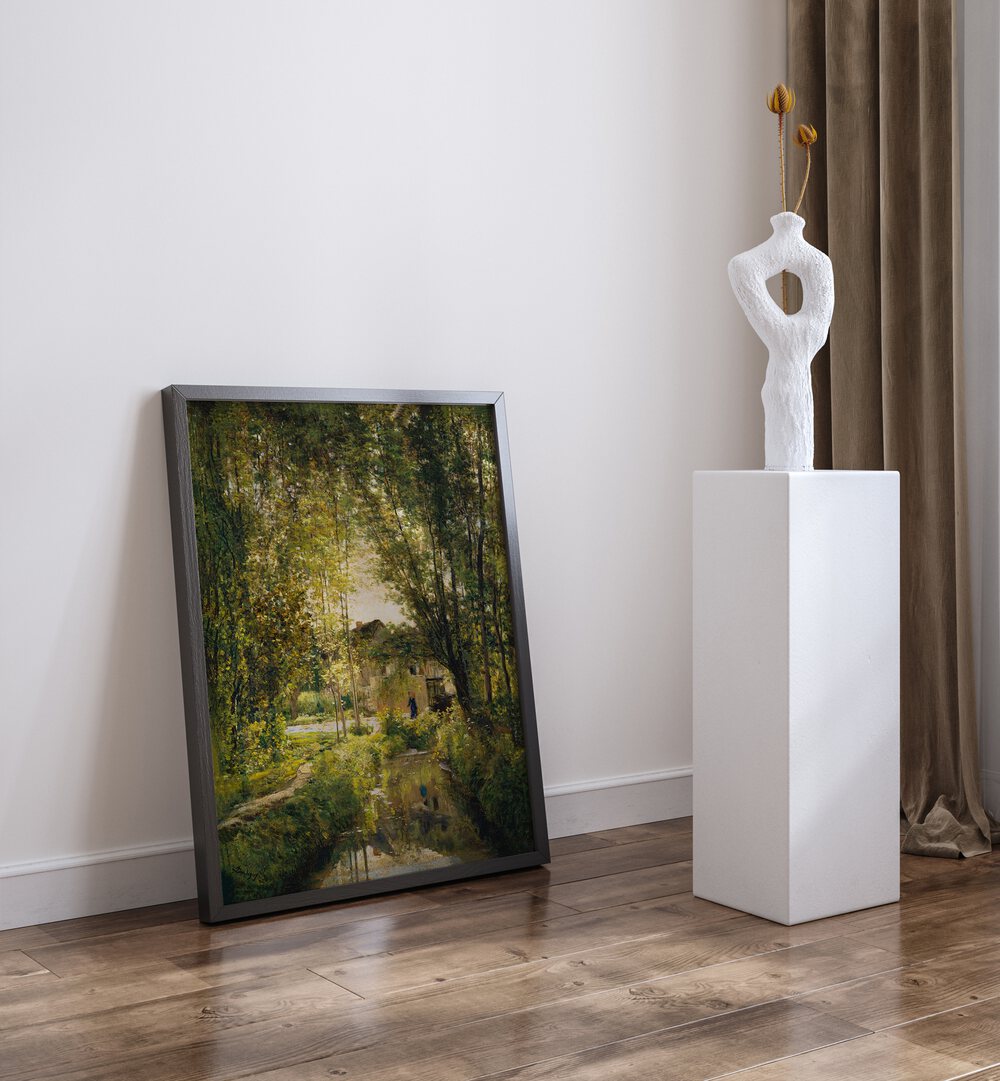 Landscape With A Sunlit Stream Vintage Art Painting Artwork in plain black frame beside a white art piece