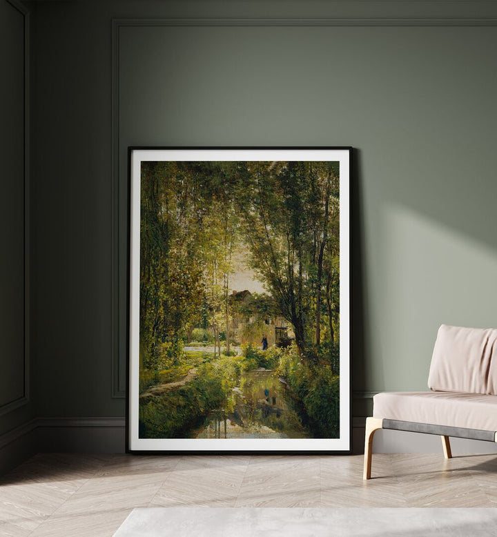 Landscape With A Sunlit Stream Vintage Art Painting Artwork in black frame with mount beside a sofa