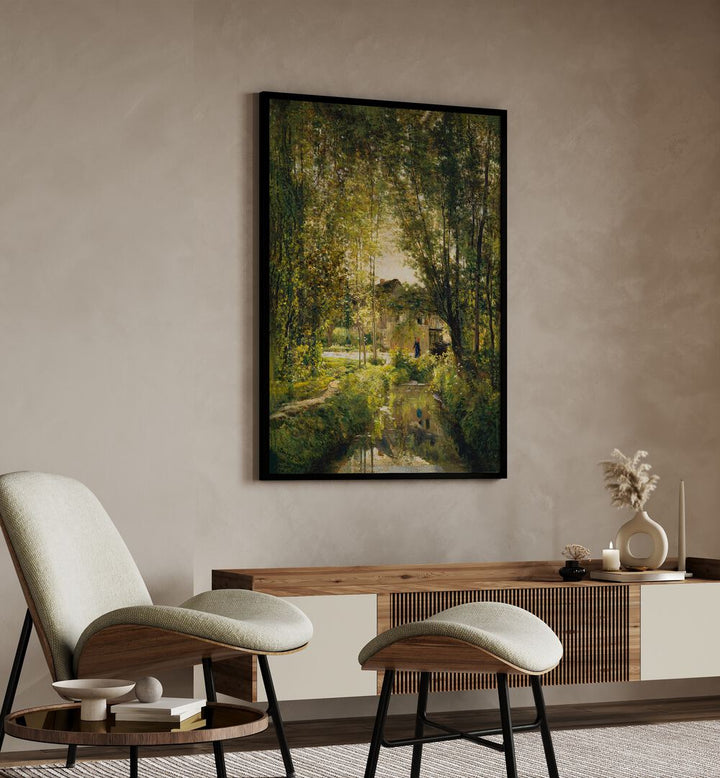 Landscape With A Sunlit Stream Vintage Art Painting Artwork in black plain frame above a console table on a beige colour wall