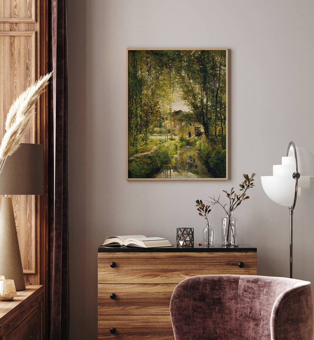 Landscape With A Sunlit Stream Vintage Art Painting Artwork in oakwood plain frame above a table beside a lamp