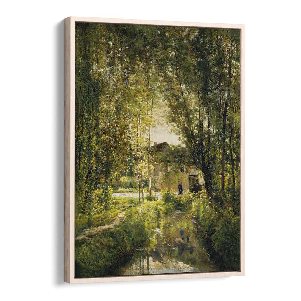 Landscape With A Sunlit Stream Vintage Art Artwork in Oak Wood Floater Frame