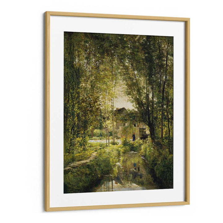 Landscape With A Sunlit Stream Vintage Art Artwork in Oak Wood Frame With Mount