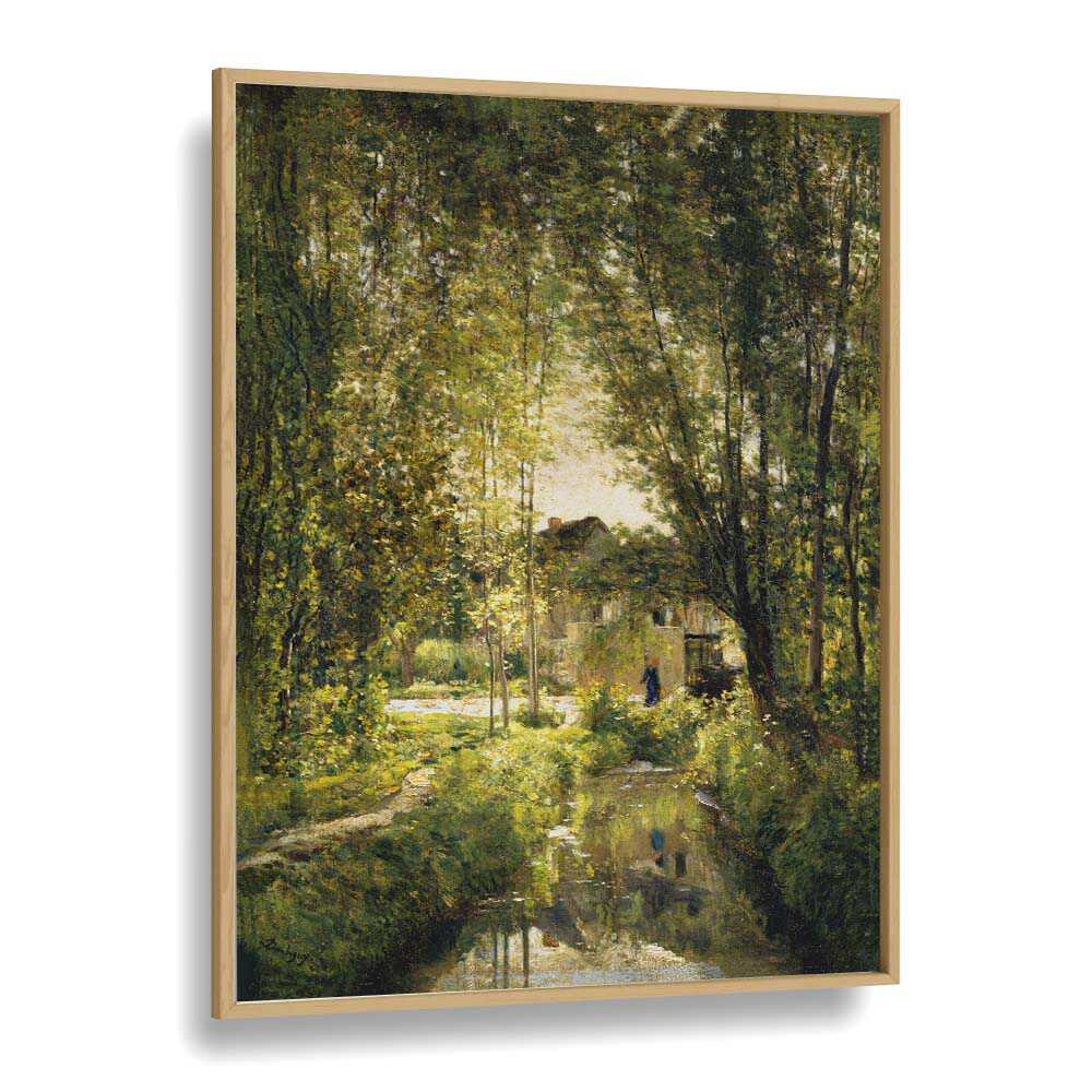 Landscape With A Sunlit Stream Vintage Art Artwork in Oak Wood Plain Frame