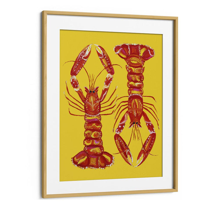 Langoustines On Yellow Bar & Cafe Artwork in Oak Wood Frame With Mount