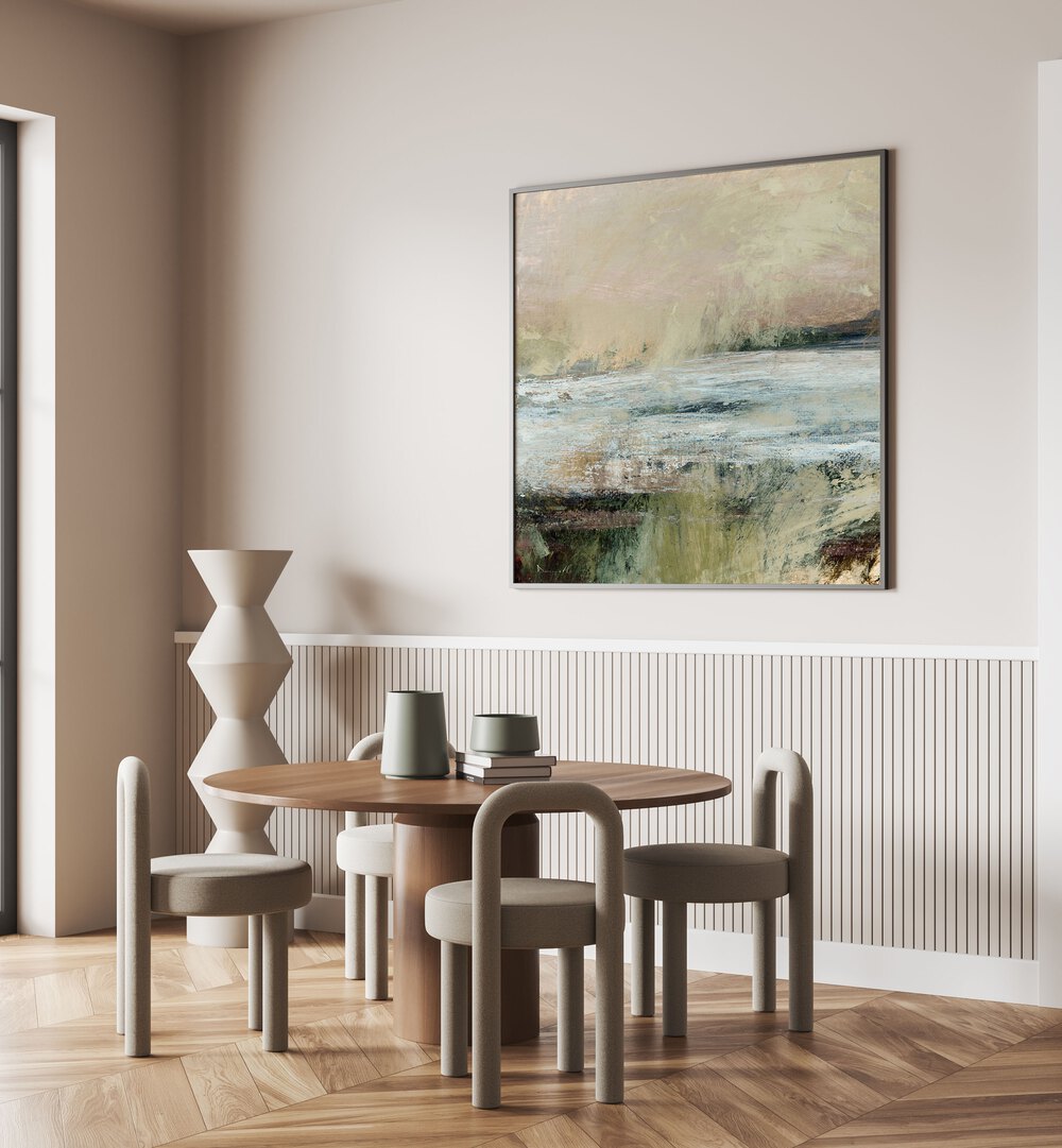 Elegant LANGSTONE Abstract Paintings adorn a stylish dining area, enhancing contemporary home decor and inspiring conversation.