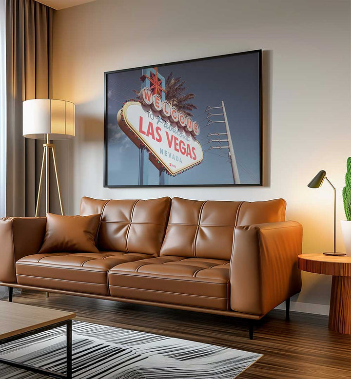 Vibrant LAS VEGAS SIGN COLOR, COWBOY artwork enhances your space with a touch of Americana charm and nostalgia.