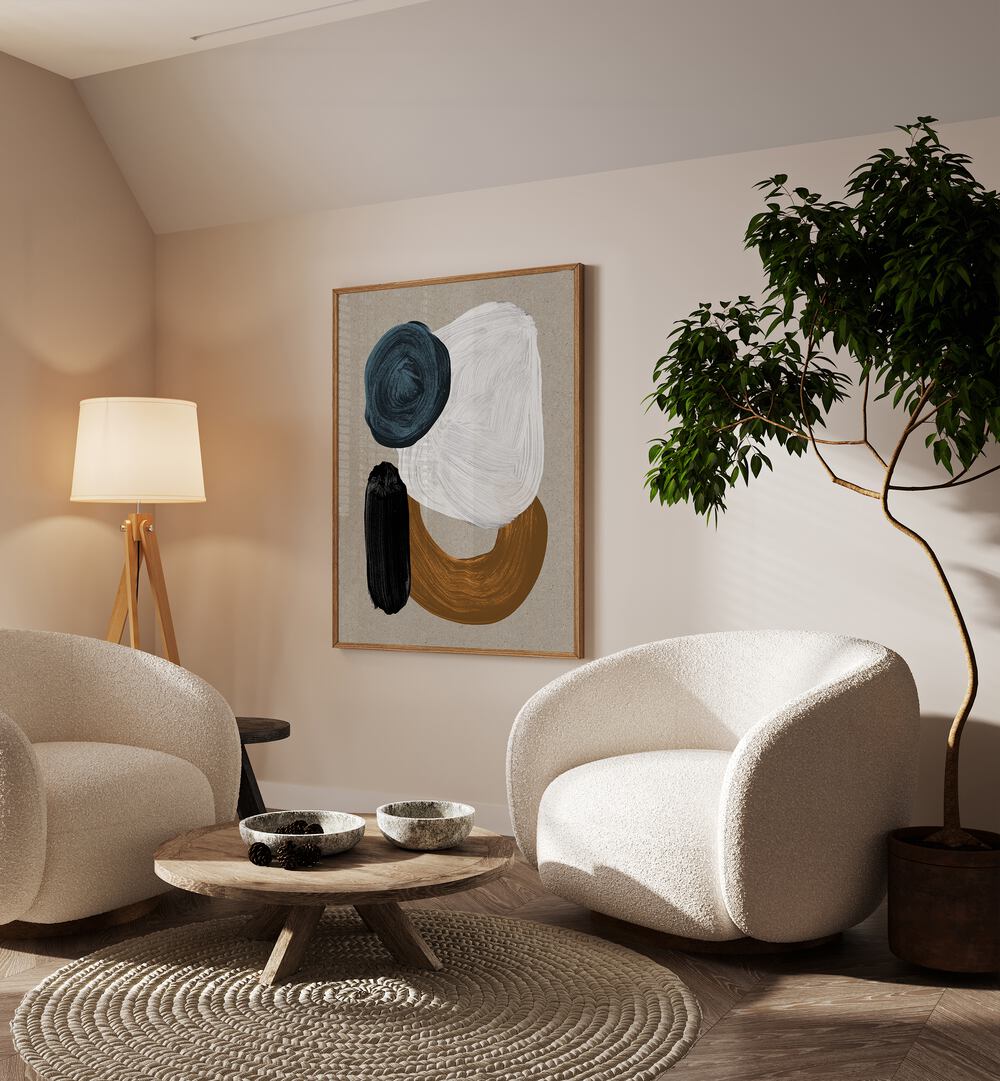 Vibrant LATE AFTERNOON, ABSTRACT PAINTINGS displayed in a cozy living room with stylish decor and natural light.