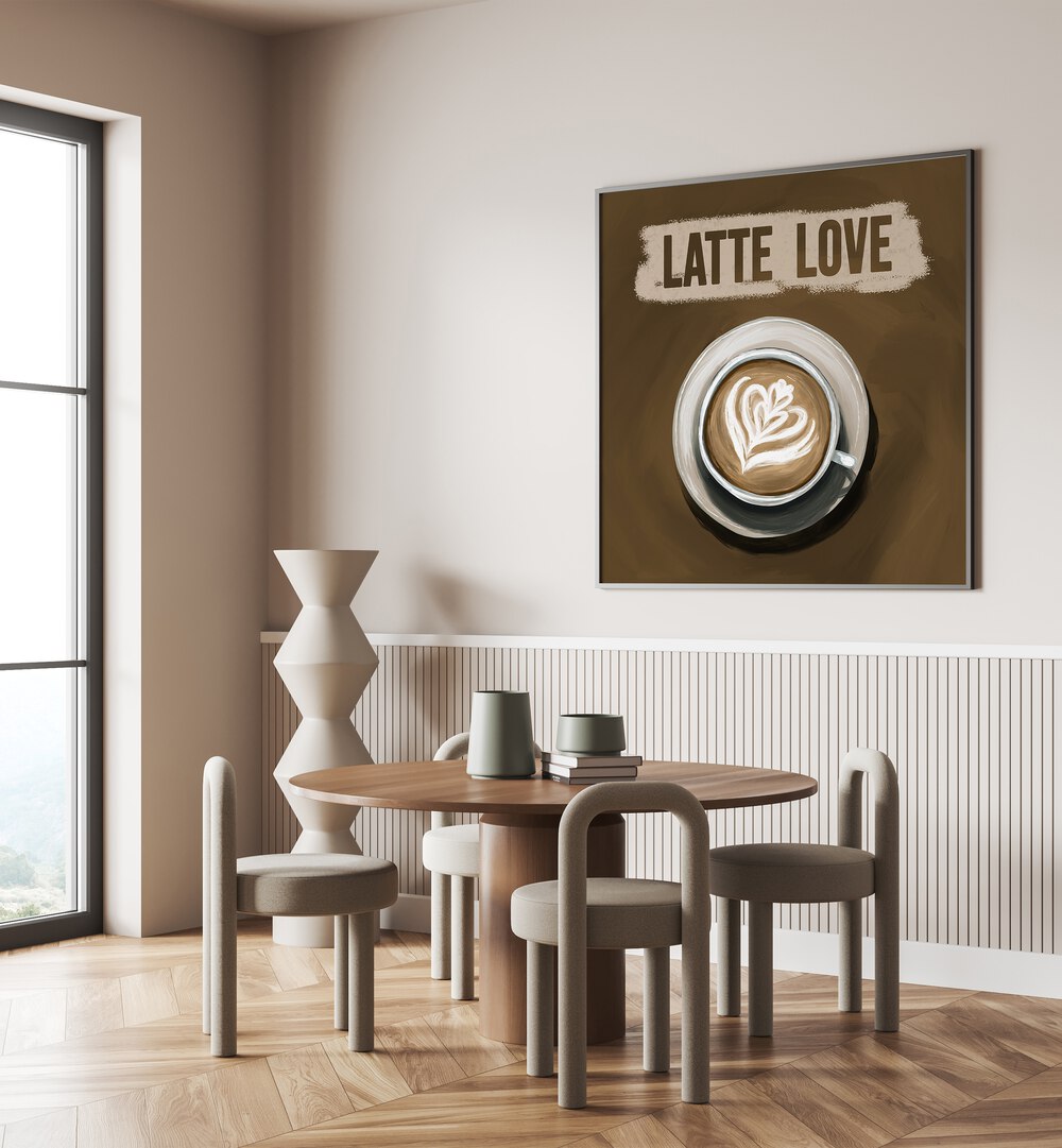 Stylish dining area featuring LATTE LOVE, BAR artwork above a cozy table, perfect for café vibes.