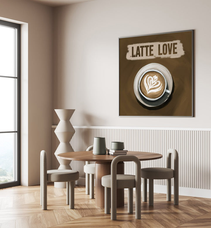 Stylish dining area featuring LATTE LOVE, BAR artwork above a cozy table, perfect for café vibes.