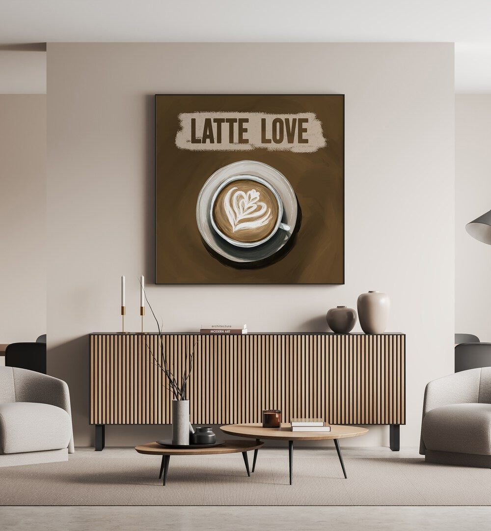 Stylish decor featuring LATTE LOVE, BAR art above a cozy coffee setup in a modern living space.