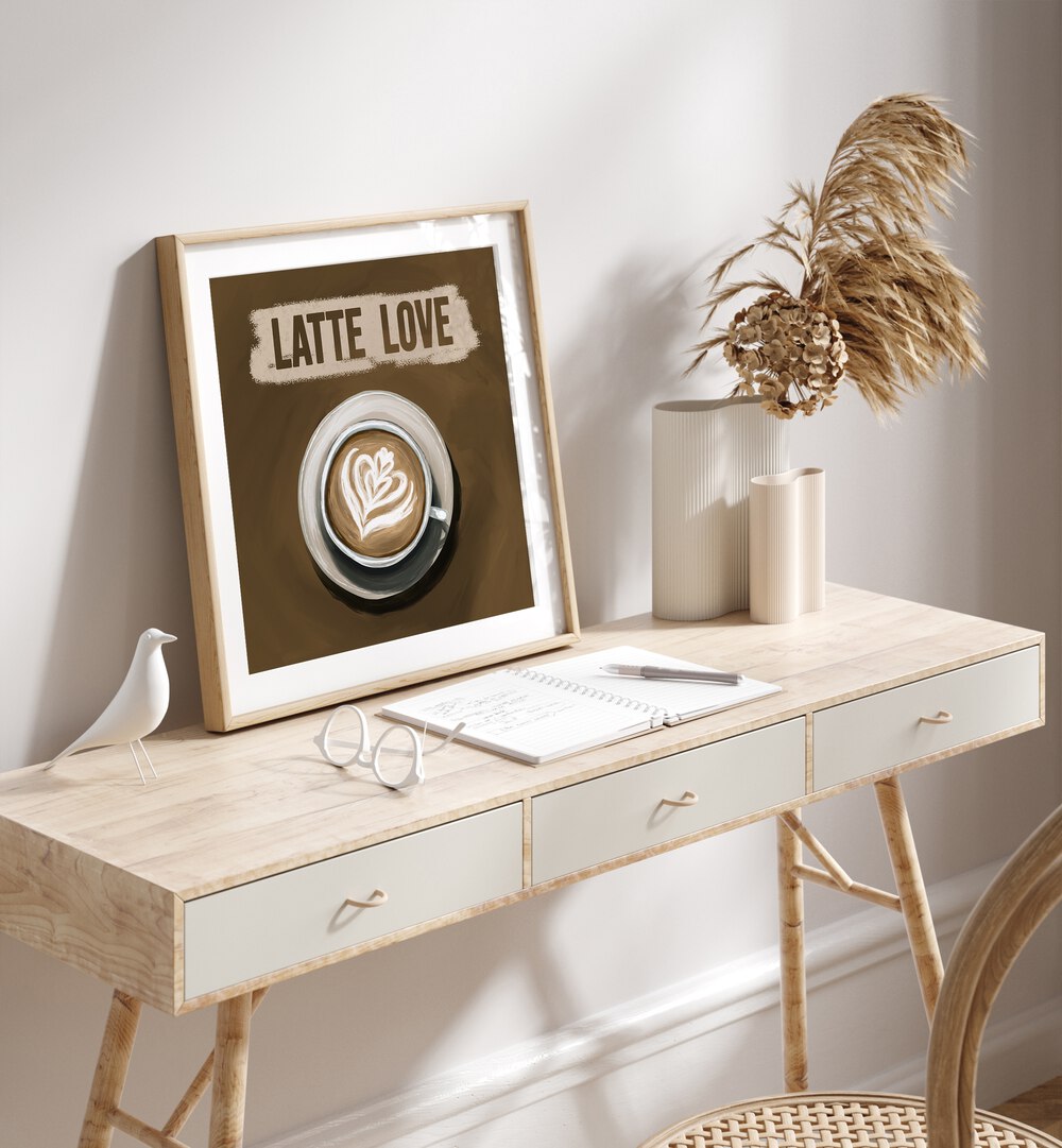 Framed "LATTE LOVE, BAR" cafe art on a stylish desk, perfect for coffee lovers' decor.