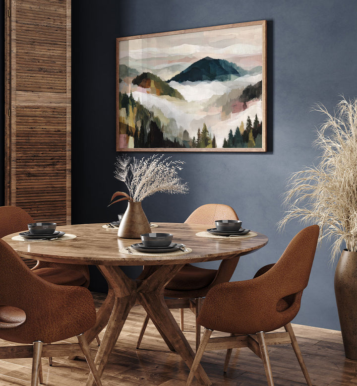 LAYERED MOUNTAIN VALLEY WITH PINE TREES