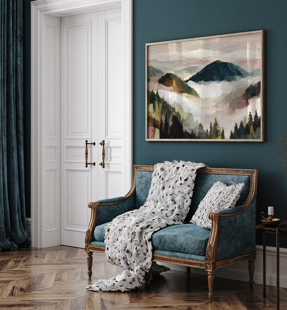 LAYERED MOUNTAIN VALLEY WITH PINE TREES