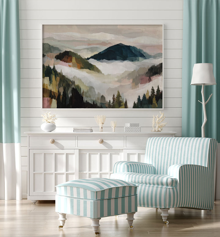 LAYERED MOUNTAIN VALLEY WITH PINE TREES