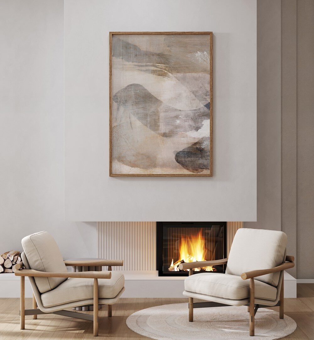 Stylish living room featuring LAYERS, ABSTRACT PAINTINGS above a cozy fireplace, enhancing the space's elegance.