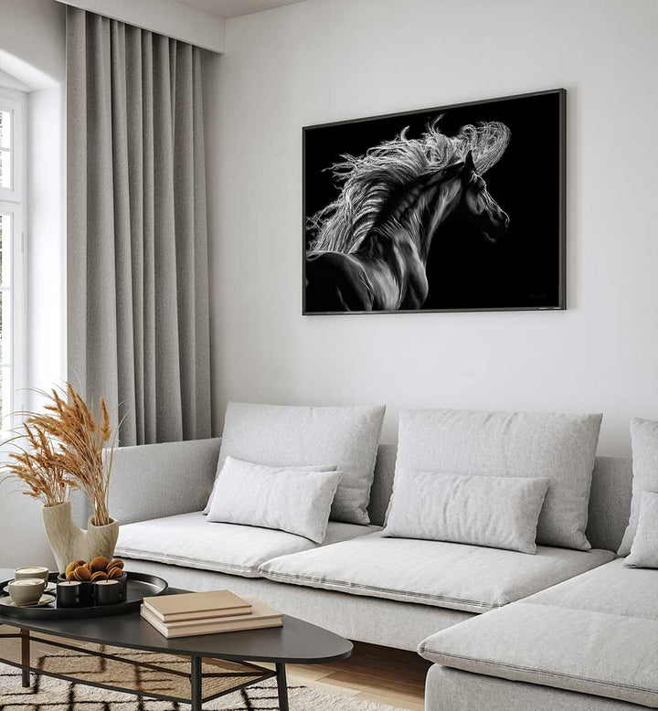 Stunning LE EQUUS, ANIMAL PAINTINGS accentuate a modern living space with captivating equine artistry.