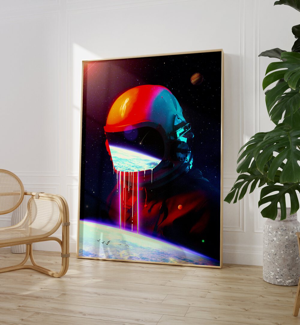 Leak By Francis Minoza Astronaut & Nasa Paintings, Space Art Prints Artwork in Oak Wood Plain Frame placed in the Drawing room near a White Wall