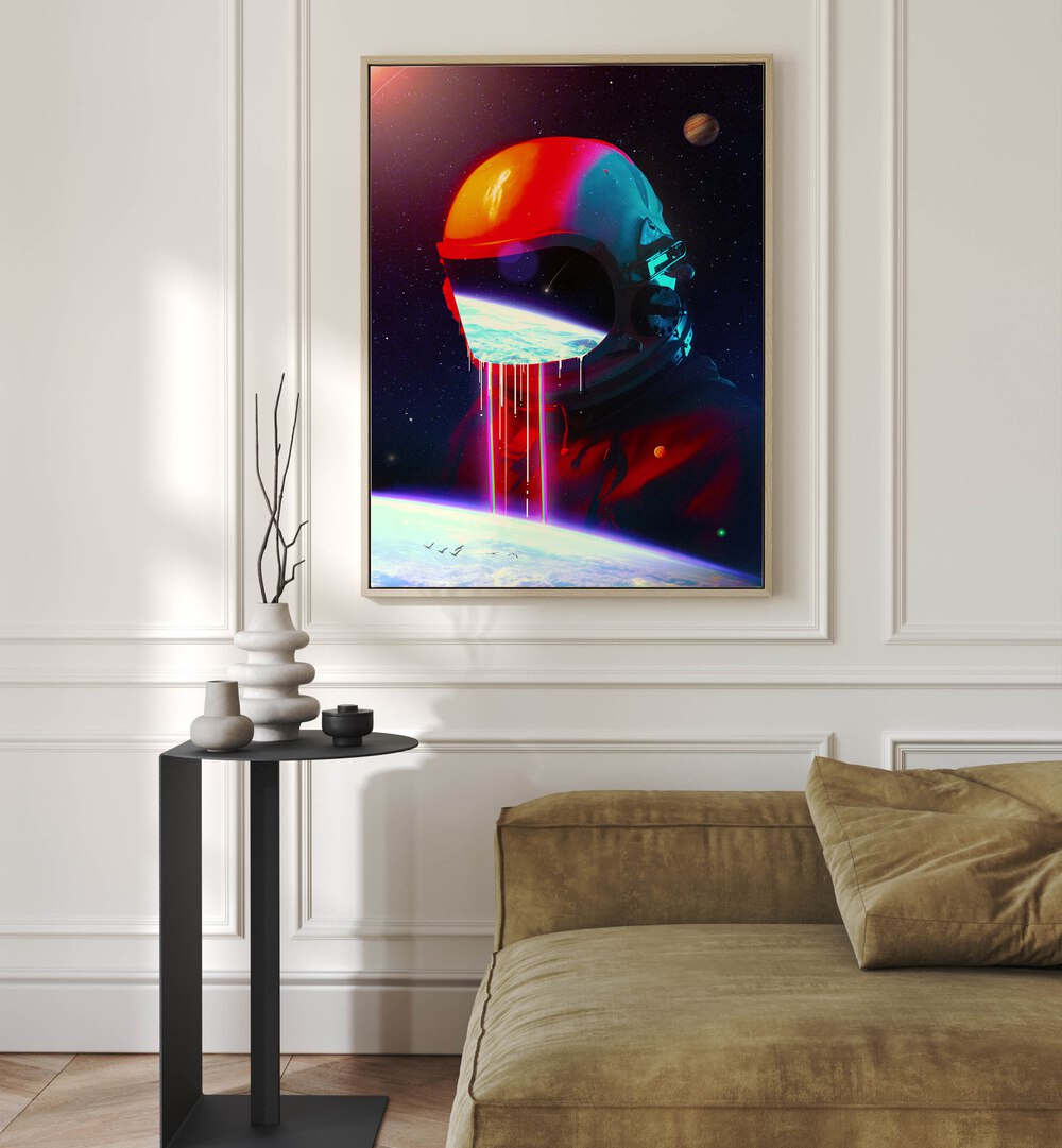 Leak By Francis Minoza Astronaut & Nasa Paintings, Space Art Prints Artwork in Oak Wood Floater Frame placed on a White Wall in the Living Room