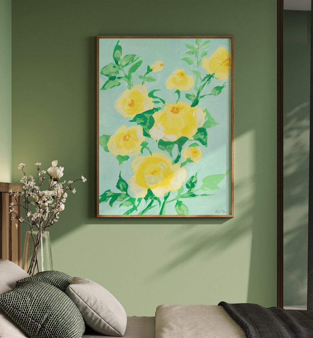 Lemon Roses By Ania Zwara Botanical Flower Paintings Artwork Placed on a wall