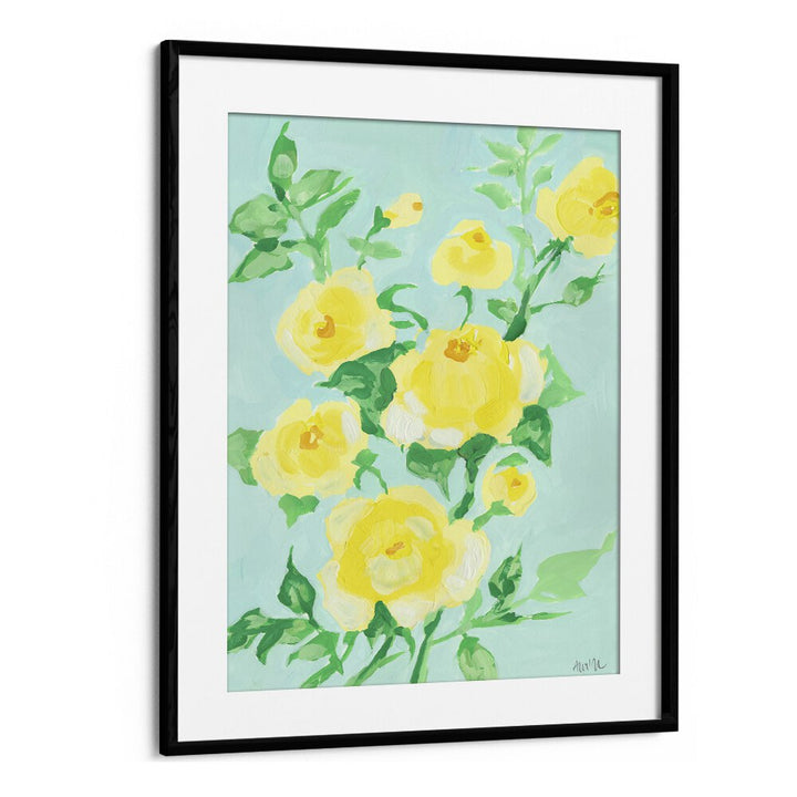 Lemon Roses By Ania Zwara Botanical Flower Paintings Artwork  in Black Frame With Mount