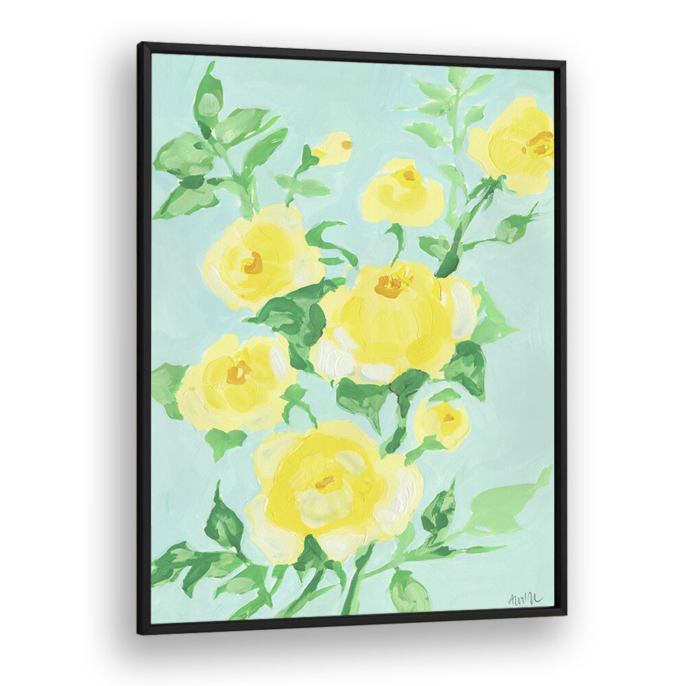 Lemon Roses By Ania Zwara Botanical Flower Paintings Artwork  in Black Plain Frame