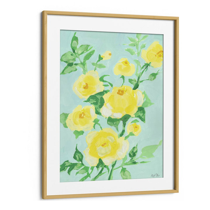 Lemon Roses By Ania Zwara Botanical Flower Paintings Artwork in Oak Wood Frame With Mount