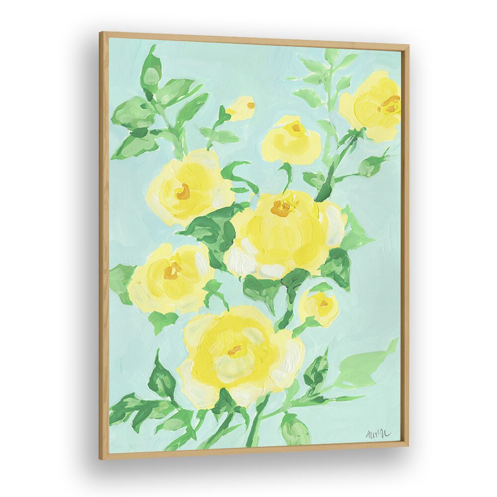 Lemon Roses By Ania Zwara Botanical Flower Paintings Artwork in Oak Wood Plain Frame