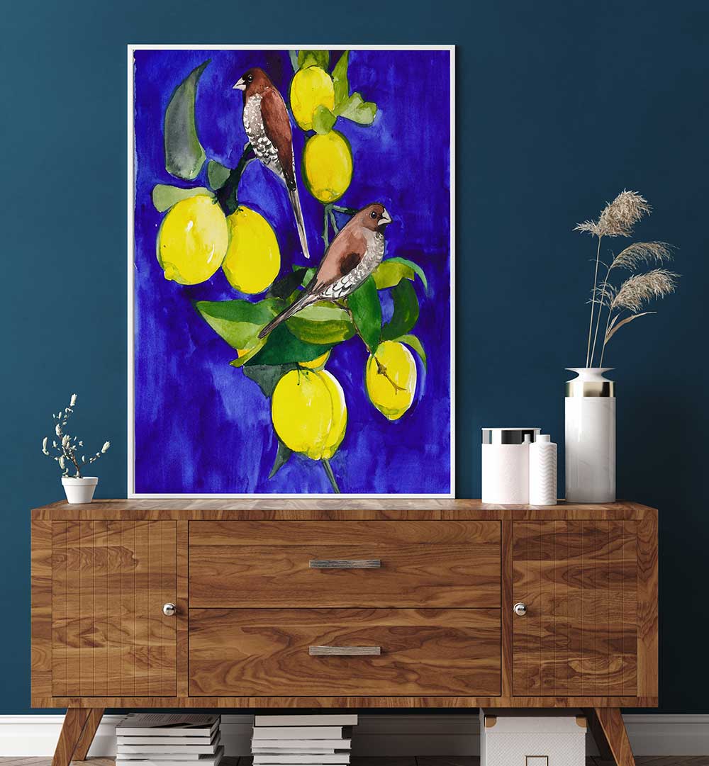 LEMON TREE WITH FINCHES , ANIMAL PAINTINGS