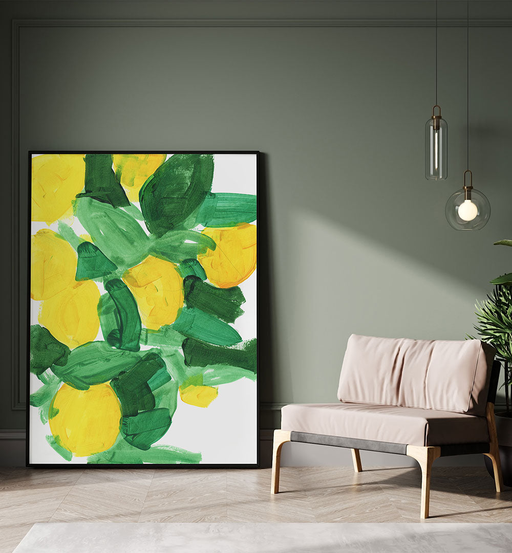 Brighten your kitchen with LEMONS I, KITCHEN POSTERS, featuring vibrant lemon art and lush greens for a lively decor.