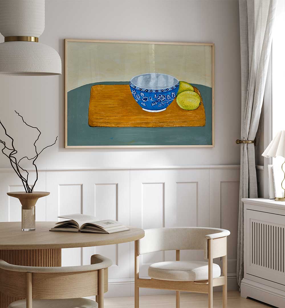 Bright blue bowl with lemons on a wooden board, a perfect addition to your kitchen decor with LEMONS, KITCHEN POSTERS.