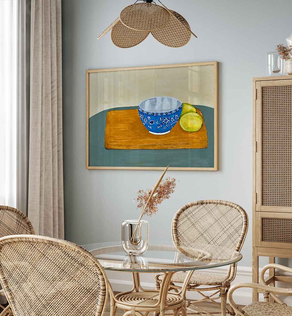 Brighten your space with vibrant LEMONS, KITCHEN POSTERS, showcasing fresh lemons and a blue bowl in a stylish kitchen.