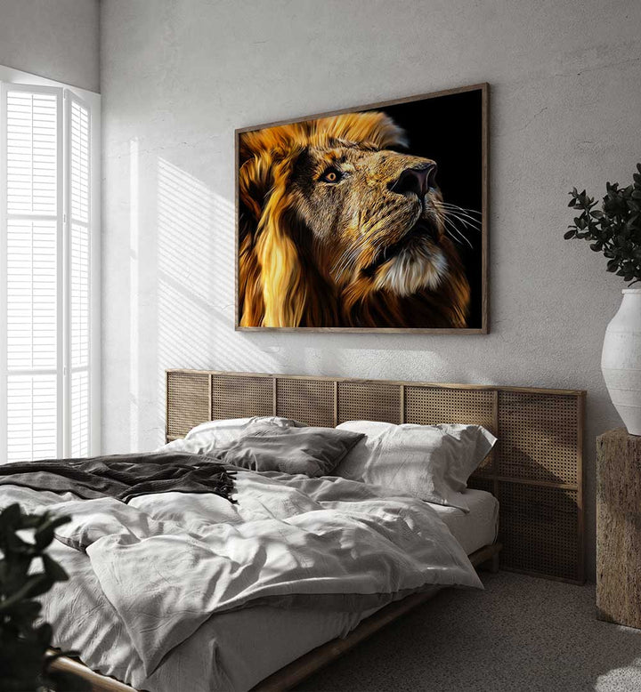 Vibrant LEO Animal Paintings adorn the wall, enhancing this stylish bedroom with stunning wildlife artistry.