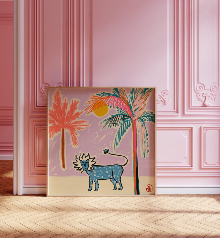 Colorful LEO III, ZODIAC poster featuring a lion amid palm trees, perfect for brightening any space with astrological charm.