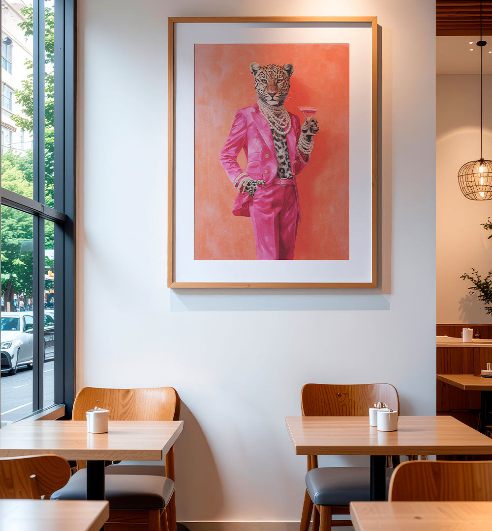 LEOPARD DRESSED IN PINK SATIN SUIT , ALTERED ART PRINTS
