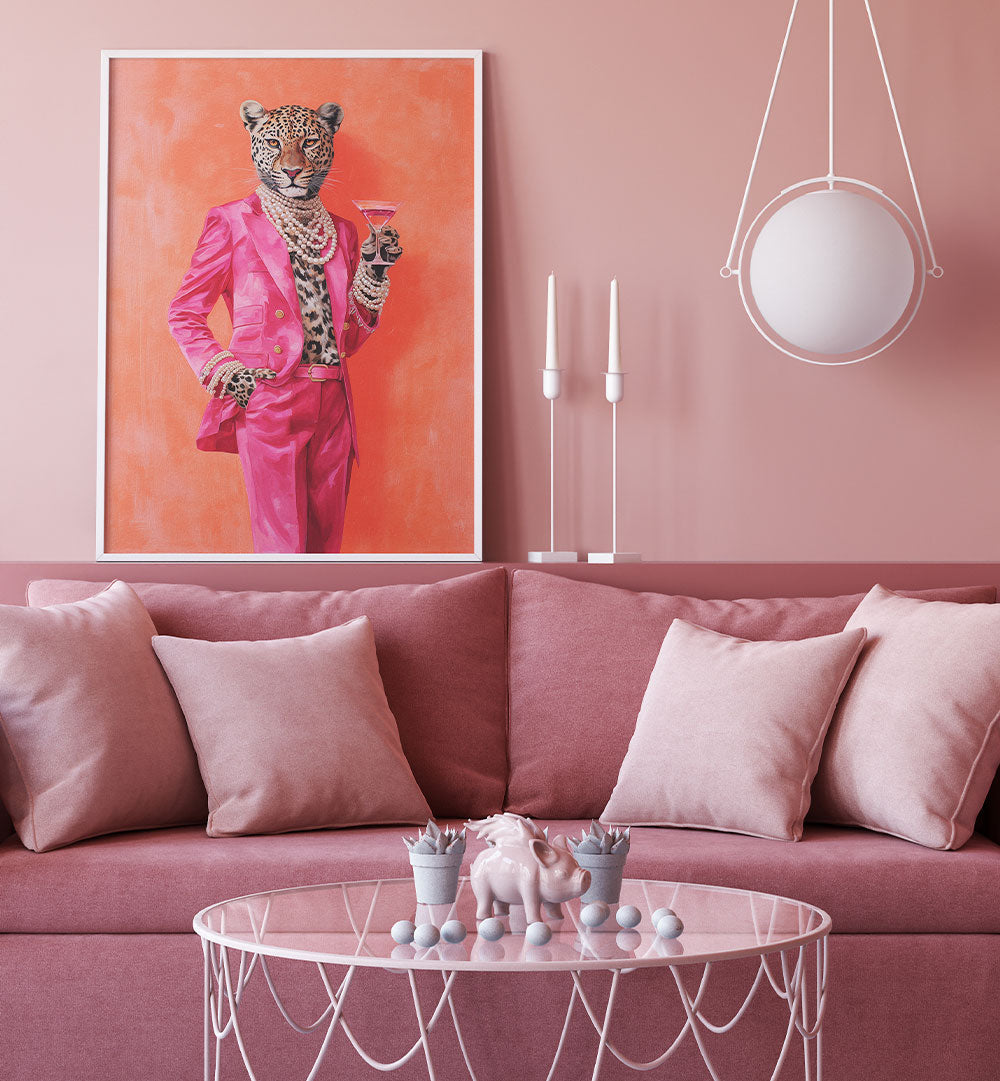 LEOPARD DRESSED IN PINK SATIN SUIT , ALTERED ART PRINTS