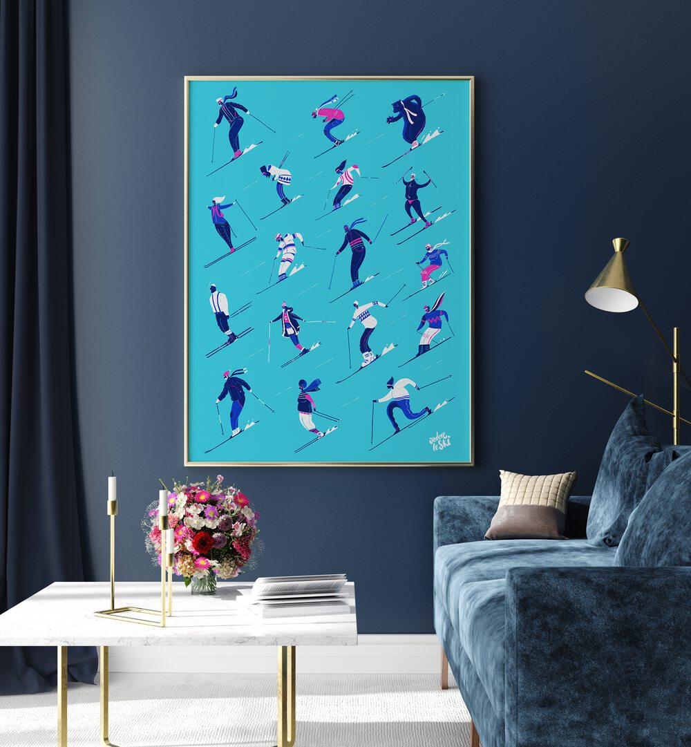 Colorful LE SKI BLUE, SPORTS POSTERS showcasing dynamic skiing action, perfect for winter sports enthusiasts.