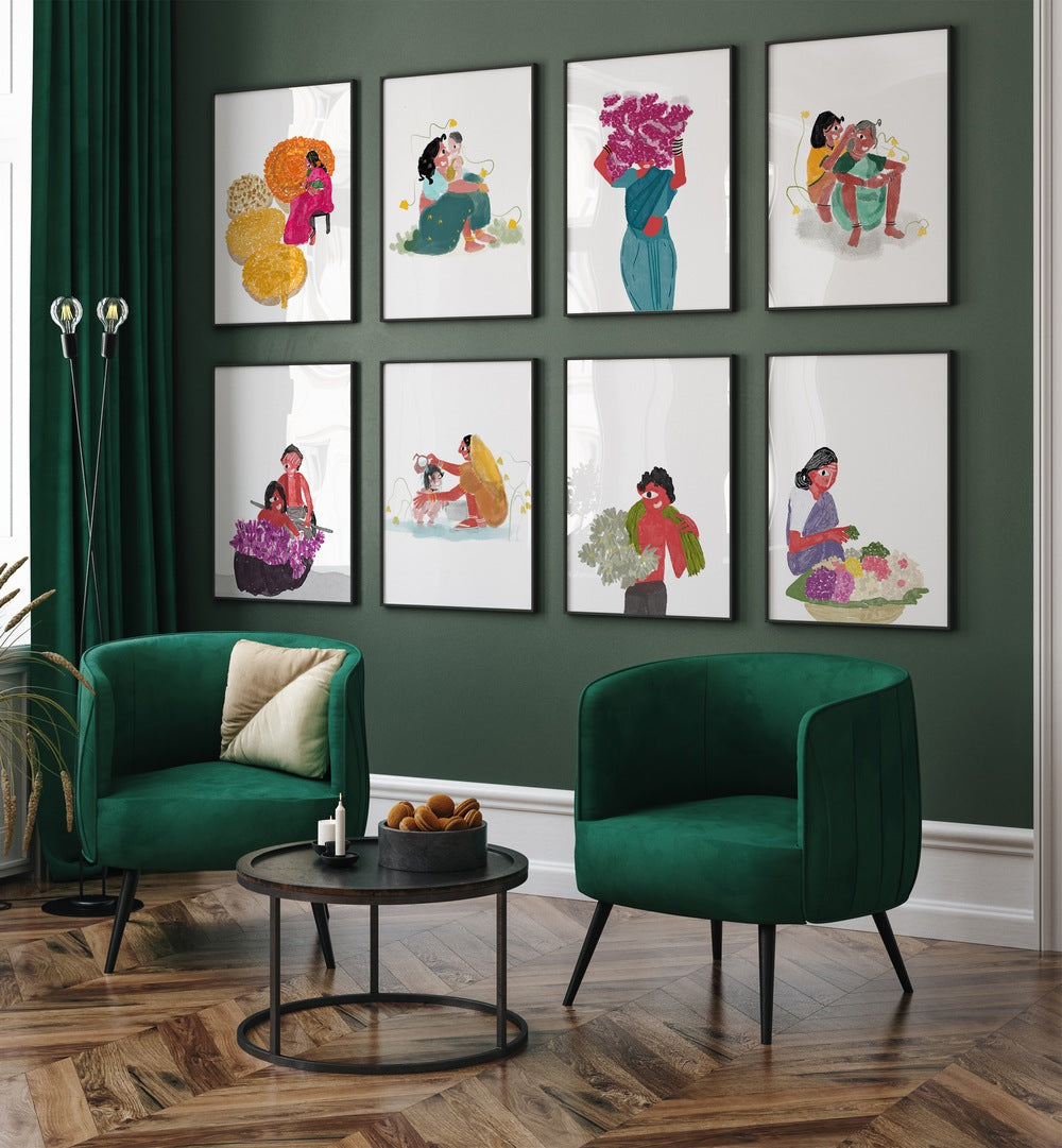 Vibrant LIFE IN FULL BLOOM GALLERY WALL showcasing 8 floral artworks, perfect for elevating your gallery walls.