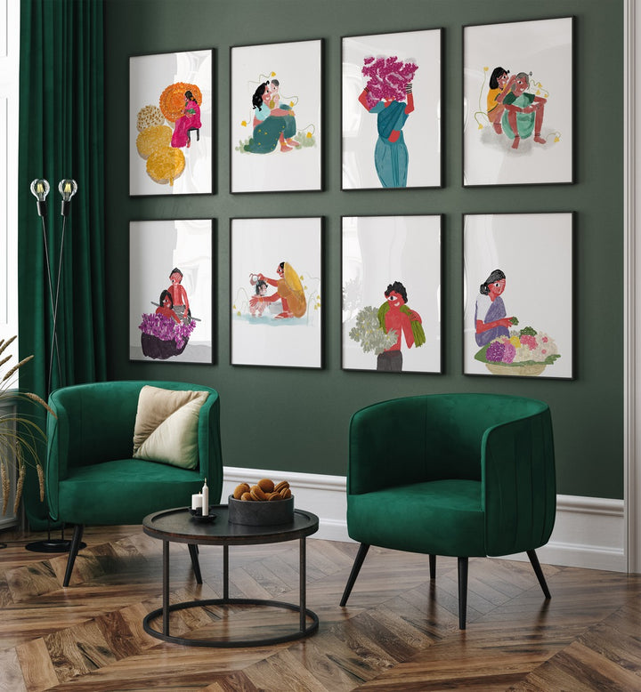 Vibrant LIFE IN FULL BLOOM GALLERY WALL showcasing 8 floral artworks, perfect for elevating your gallery walls.