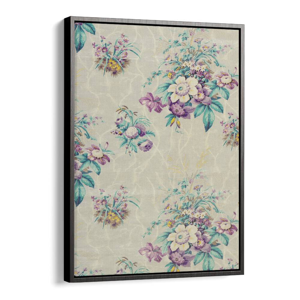 Light Blue Floral I  Botanical Flower Paintings Artwork  in Black Floater Frame