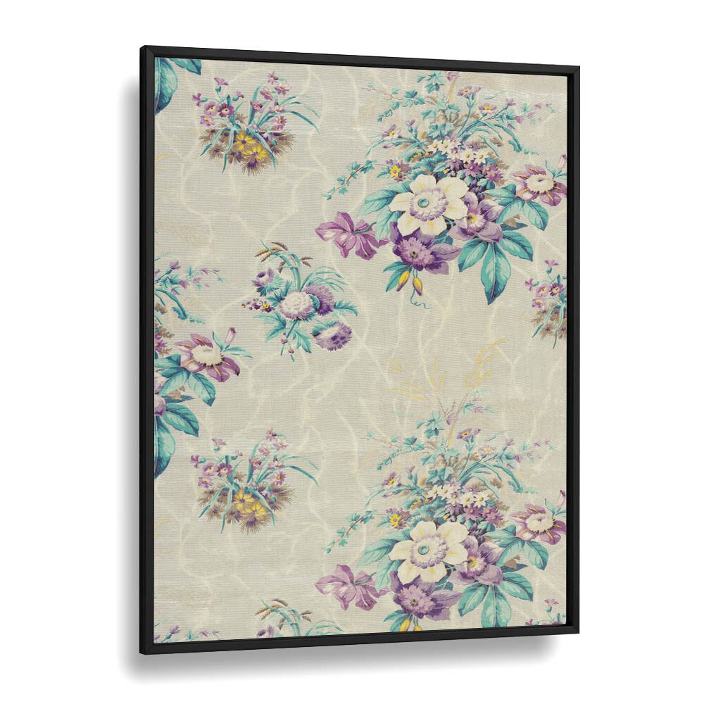 Light Blue Floral I Botanical Flower Paintings Artwork  in Black Plain Frame