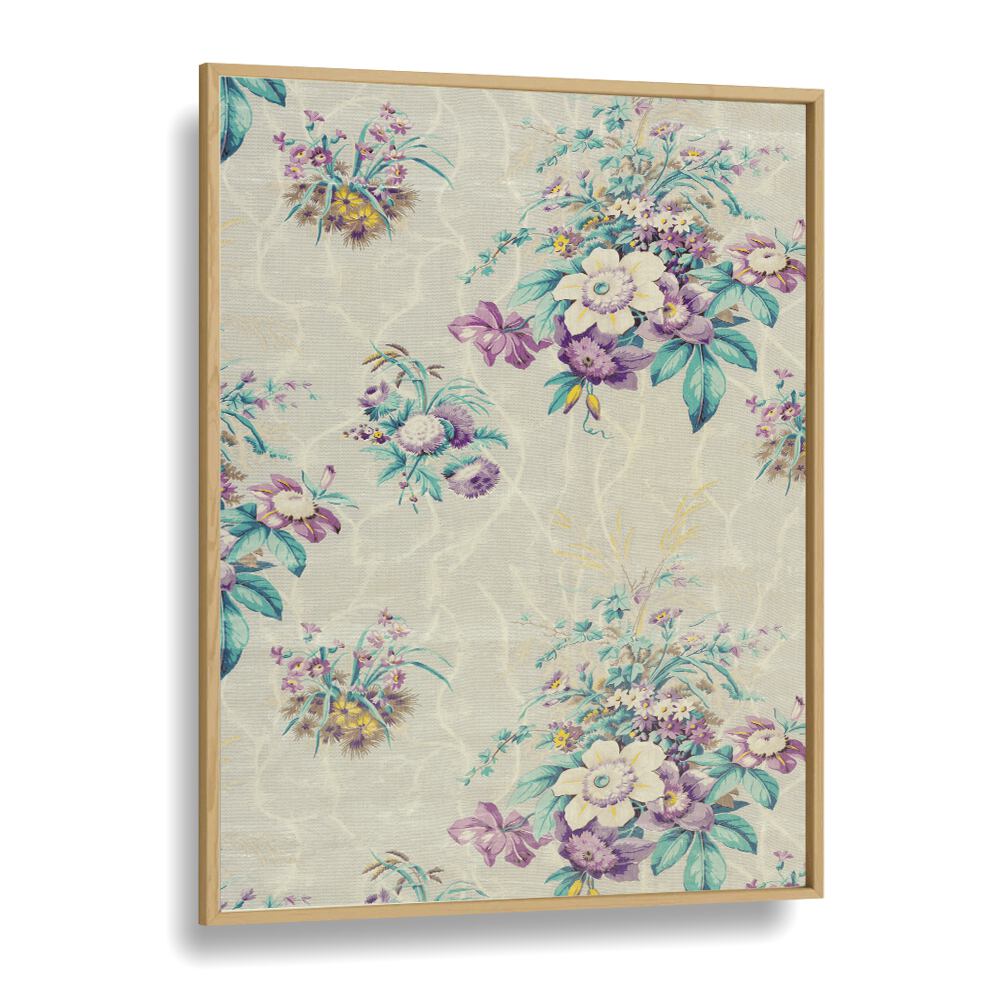 Light Blue Floral  I Botanical Flower Paintings Artwork in Oak Wood Plain Frame