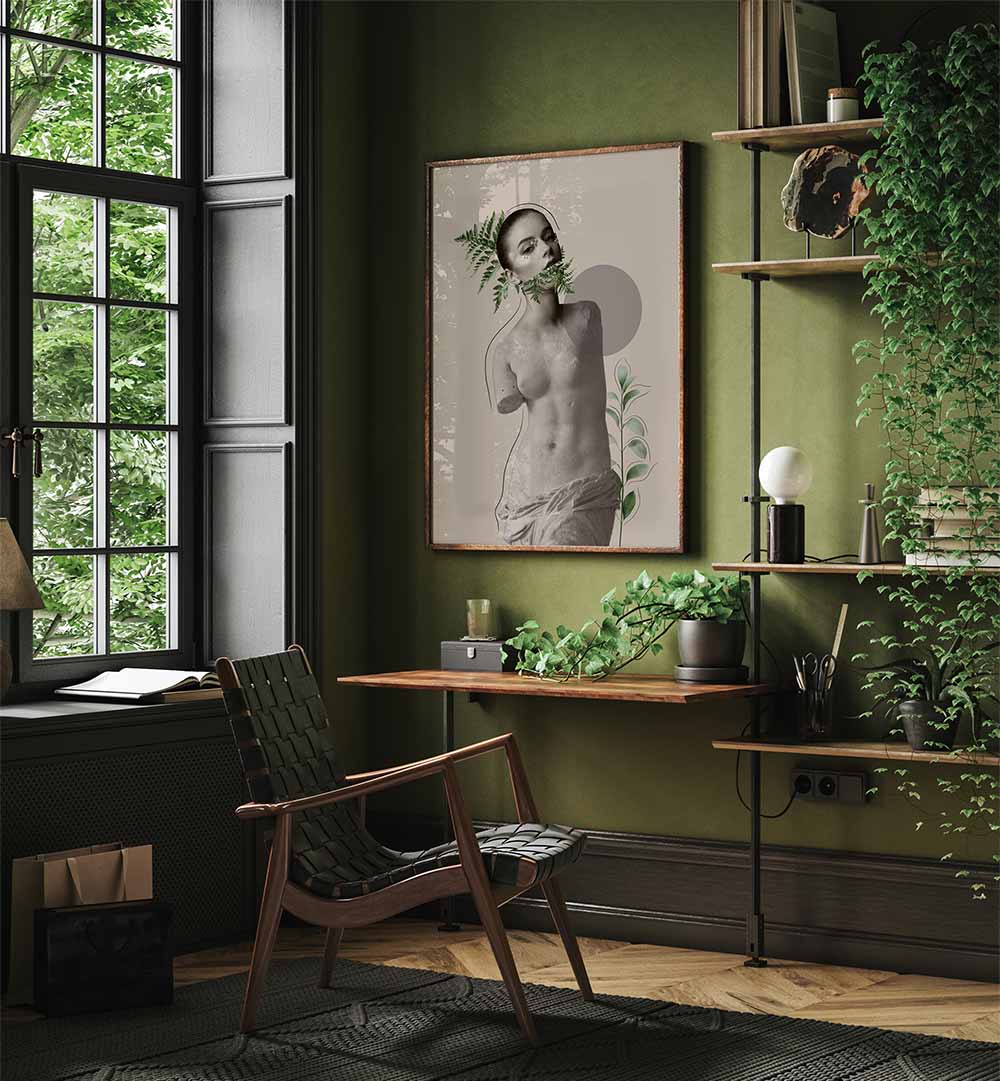 LILI II, PORTRAITS artwork displayed in a stylish room, blending abstract human figures with natural elements.